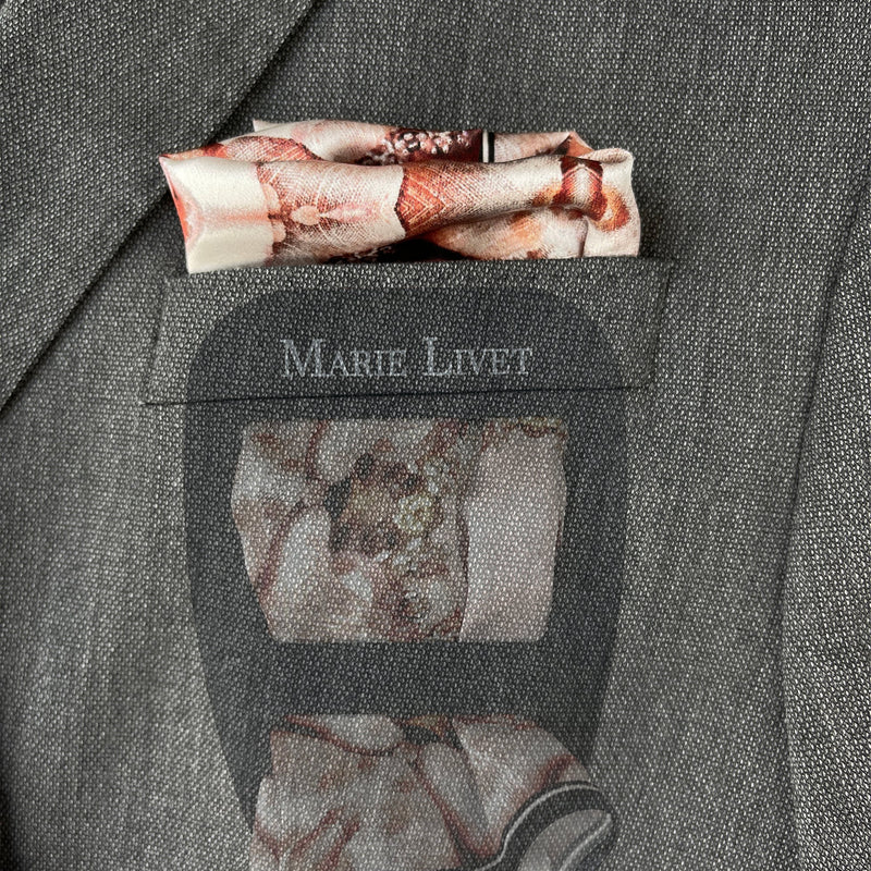 Set of Two Silk Pocket Square Gold Black and Blush Peach Floral - Holiday Gift Set - Marie Livet