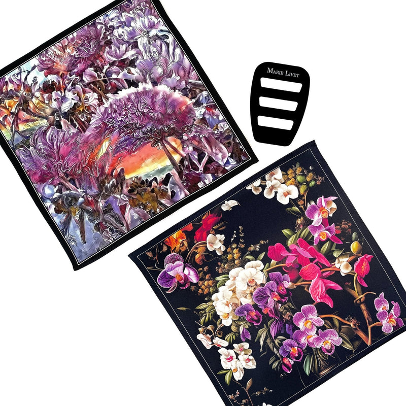 Set of Two Silk Pocket Square Purple Orchid and Pink Reverie - Holiday Gift Set - Marie Livet