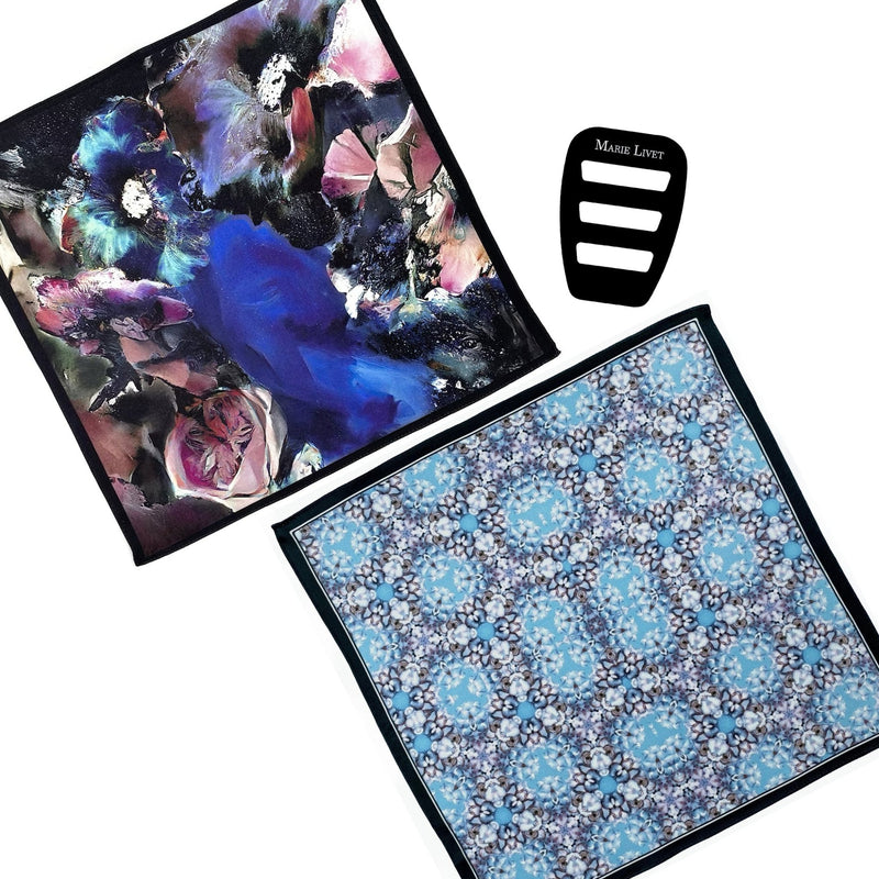 Set of Two Silk Purple Blue Pink Floral Pocket Square - Pocket Square Holder - Holiday Gift Set - Marie Livet