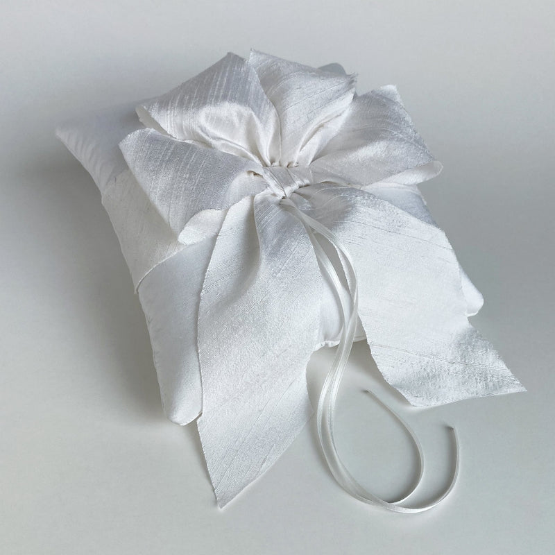 Alena White Dupioni Silk Bow Ring Bearer Pillow - Marie Livet