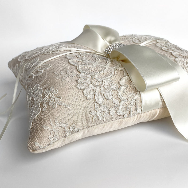 Alencon Ivory French Lace and Champagne Silk Ring Bearer Pillow - Marie Livet