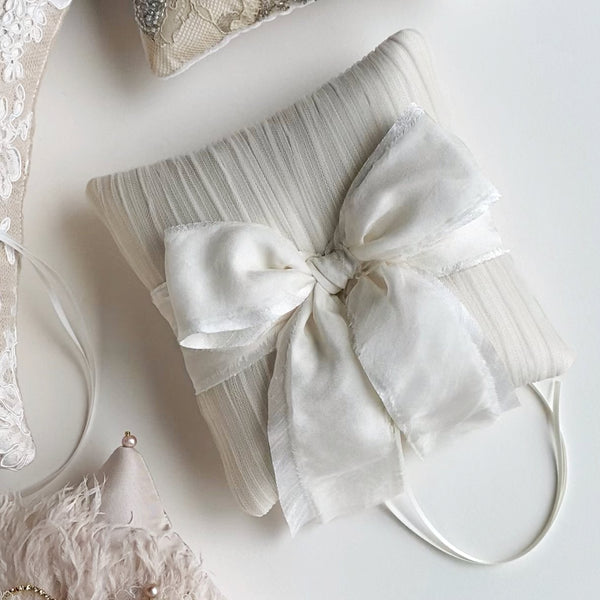 Alexandra Ivory Pleated Tulle Silk Bow Ring Bearer Pillow - Marie Livet