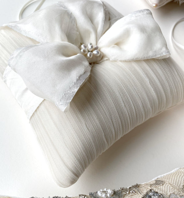 Alexandra Pearl Flower Ivory Pleated Tulle Silk Bow Ring Bearer Pillow - Marie Livet