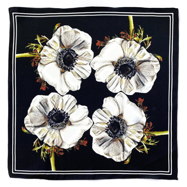 Art Series - Anemone in Dubai - Black and White Floral Silk Satin Pocket Square - Marie Livet