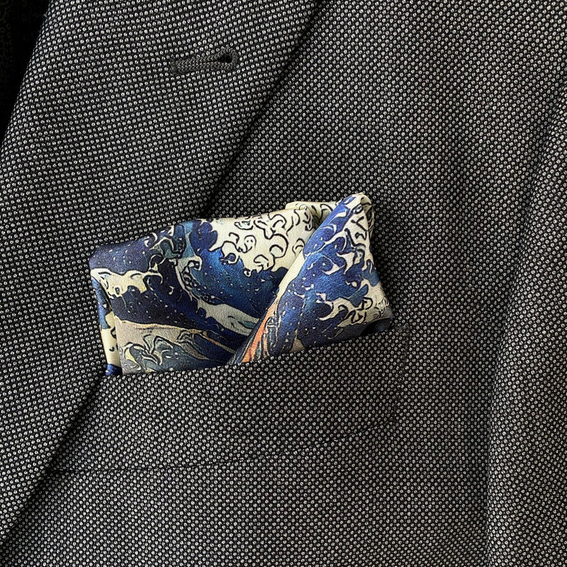 Art Series - The Wave Rose - Hokusai Inspired Blue Silk Satin Pocket Square - Marie Livet
