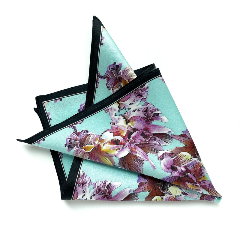 Art Series - Tropical Orchid - Aqua Pink Flower Silk Satin Pocket Square - Marie Livet