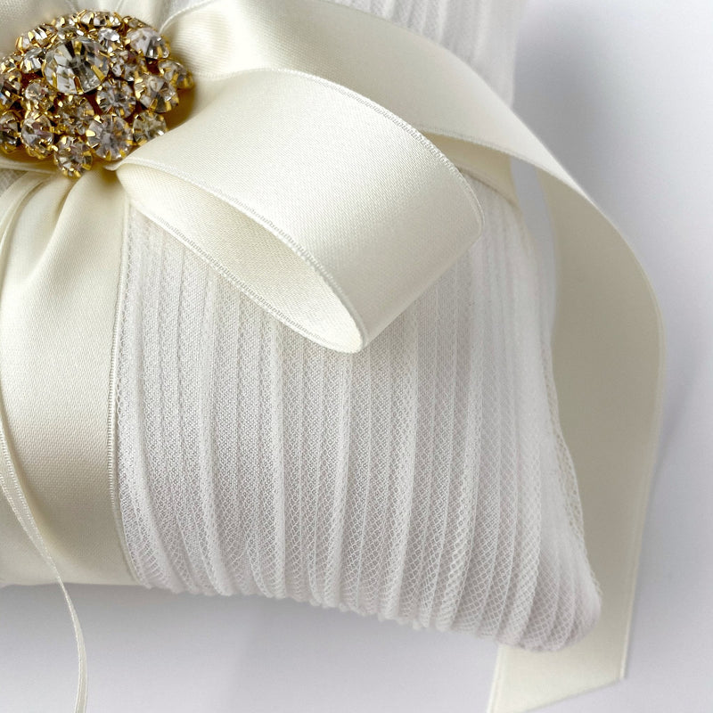 Ballerina Ivory and Gold Rhinestone Pleated Tulle Silk Bow Ring Bearer Pillow - Marie Livet