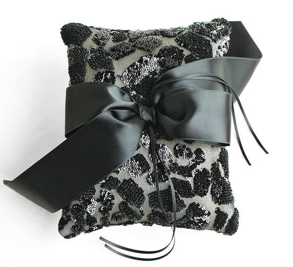 Black Sequin and Cream Silk Satin Ring Bearer Pillow - Marie Livet