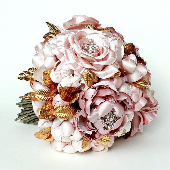 Blush Pink Jeweled Rose and Peony Gold Metal Leaf Bridal Bouquet - Marie Livet