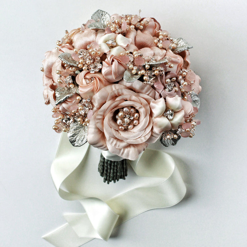 Blush Pink Pearl Sterling Silver and Gemstone Crystal Bridal Bouquet - Marie Livet