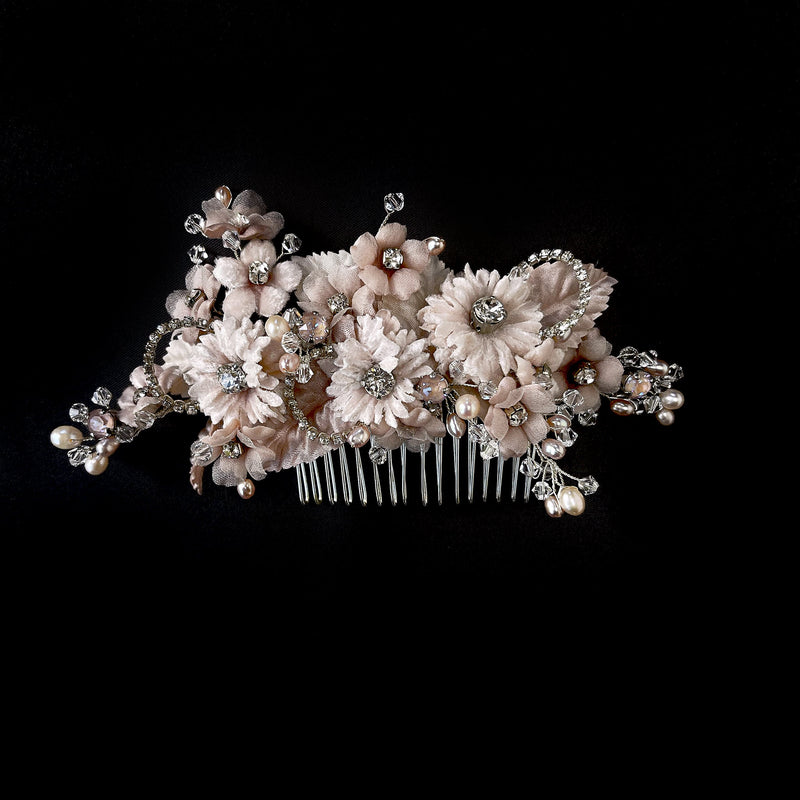 Blush Pink Sincerity Couture Flower Bridal Hair Comb - Freshwater Pearl and Swarovski - Marie Livet