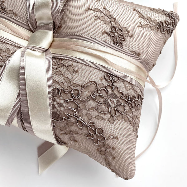 Blush Silk with Taupe French Lace Silk Ring Bearer Pillow - Marie Livet