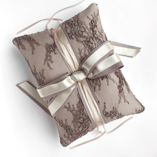 Blush Silk with Taupe French Lace Silk Ring Bearer Pillow - Marie Livet