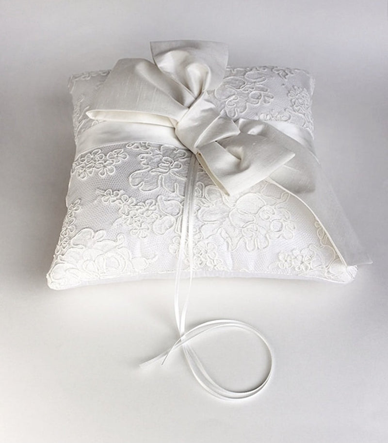 Bridal White French Alencon Lace and Mod Bow Silk Ring Pillow - Marie Livet