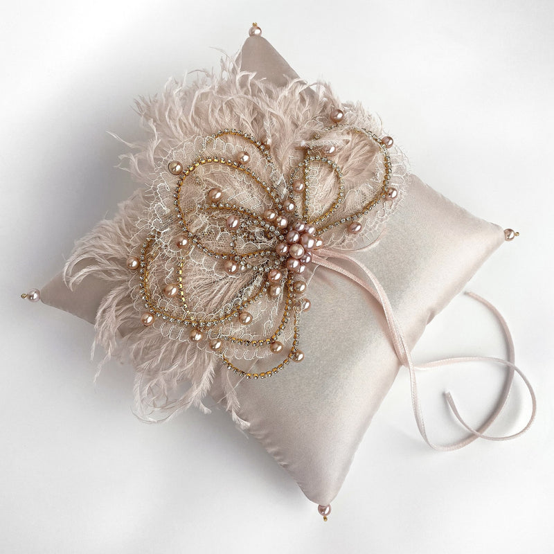 Constellation Crystal Feather and Pearl Blush Silk Ring Bearer Pillow - Marie Livet