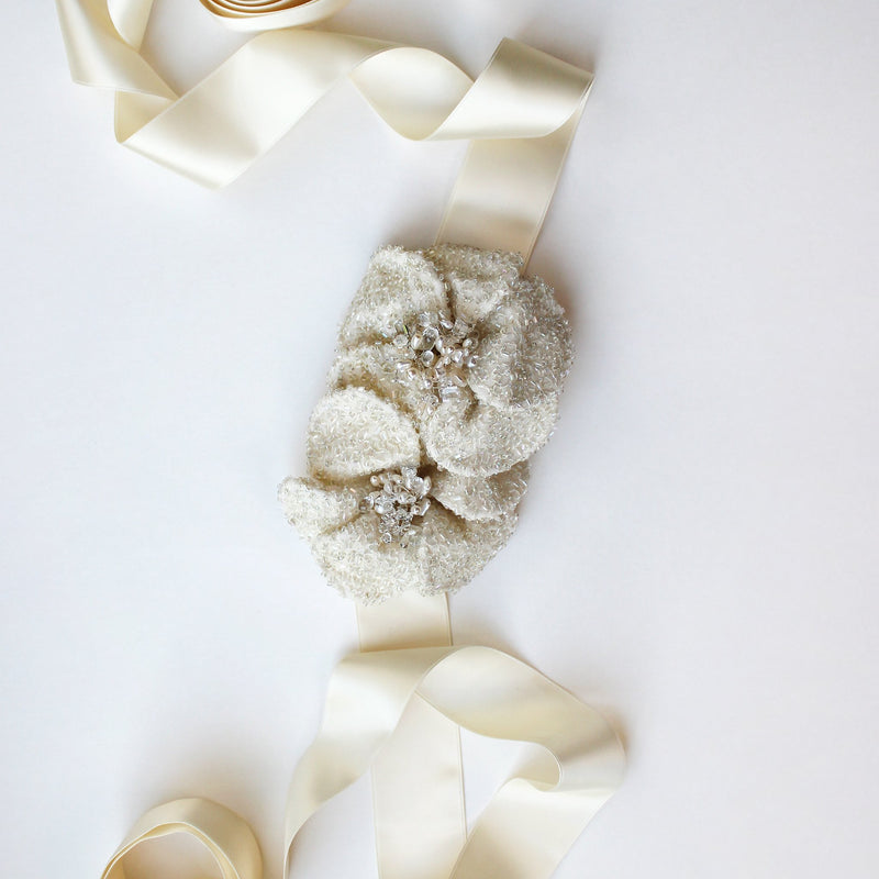 Corsica Ivory Beaded and Jeweled Silk Double Flower Bridal Sash - Marie Livet