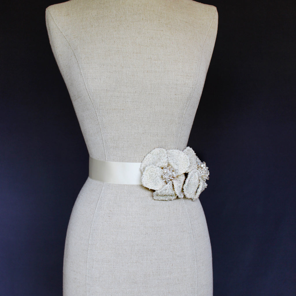 Corsica Ivory Beaded and Jeweled Silk Double Flower Bridal Sash - Marie Livet Corsica Ivory Beaded and Jeweled Silk Double Flower Bridal Sash - Marie Livet