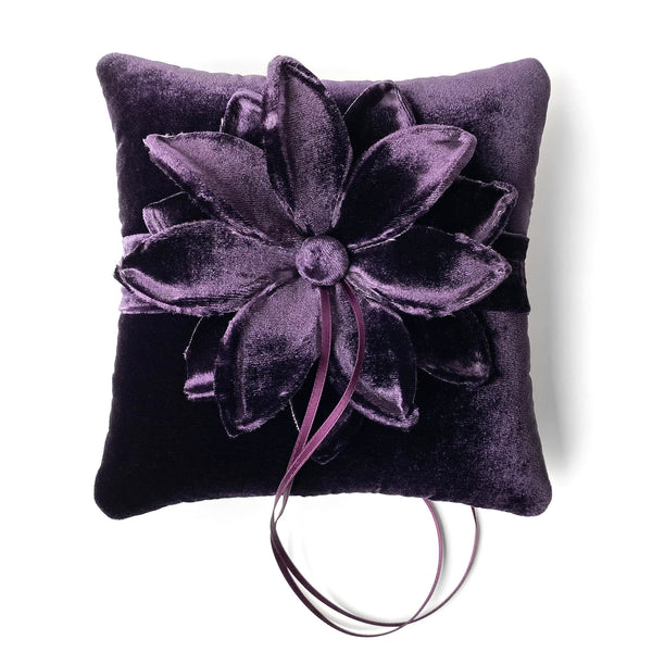 Couture Dark Purple Velvet Flower Ring Bearer Pillow - Marie Livet