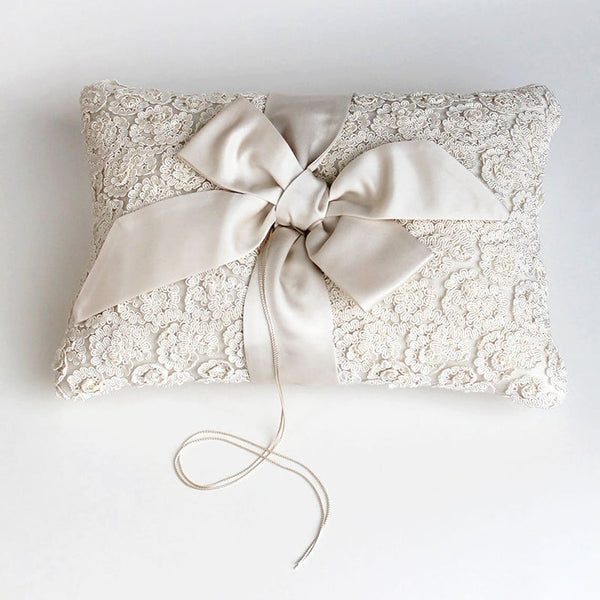 Couture Ivory Grosgrain Lace and Silk Bow Ring Bearer Pillow - Marie Livet