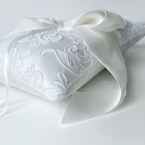Couture White French Alencon Lace and Silk Satin Ring Bearer Pillow - Marie Livet