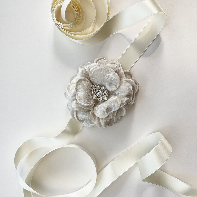 Daphne Champagne Silk Velvet Flower Bridal Sash - Marie Livet