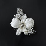 Forever Orchid White Silk Velvet Couture Flower Bridal Hair Comb - Freshwater Pearl and Swarovski - Marie Livet