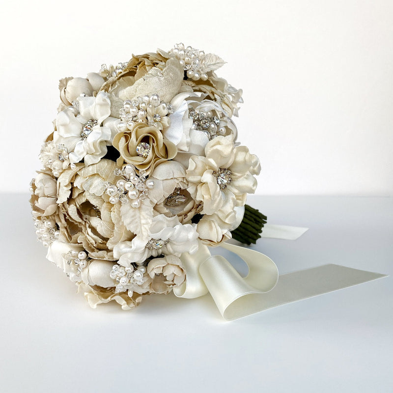 Forever White and Ivory Silk Pearl and Crystal Bridal Bouquet - Marie Livet