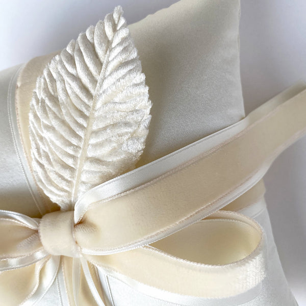 Grace Ivory Silk Satin Layered Leaf Velvet Bow Ring Bearer Pillow - Marie Livet
