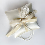 Grace Ivory Silk Satin Layered Leaf Velvet Bow Ring Bearer Pillow - Marie Livet