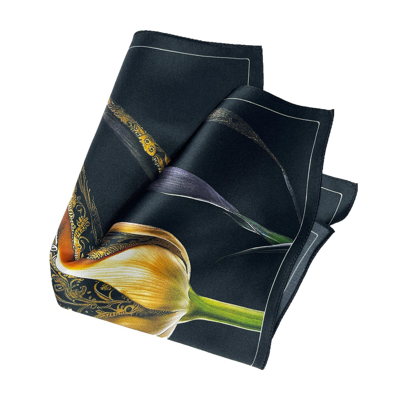 Guarded Beauty Black and Gold Tulip Silk Pocket Square - Marie Livet