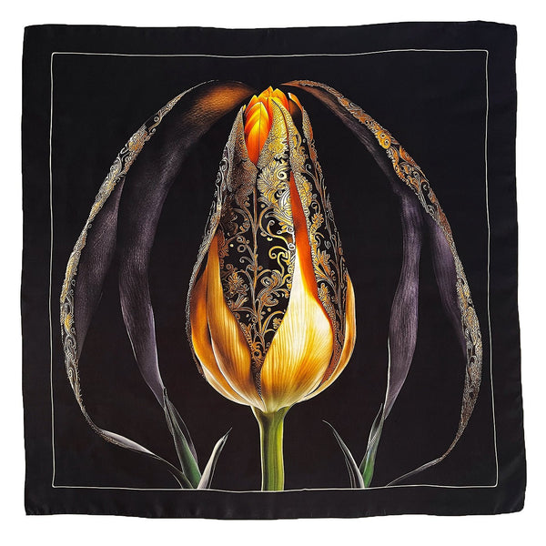 Guarded Beauty Black and Gold Tulip Silk Twill Scarf - Marie Livet