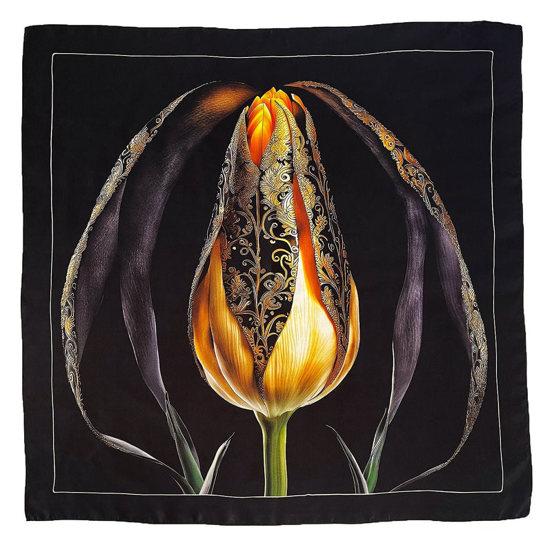 Guarded Beauty Black and Gold Tulip Silk Twill Scarf - Marie Livet