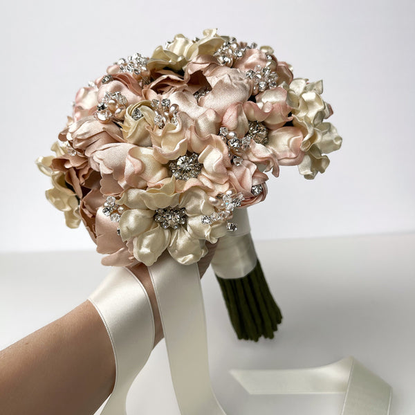 Holiday Event Blushy Ivory Silk Flower Crystal and Pearl Bridal Bouquet - Marie Livet