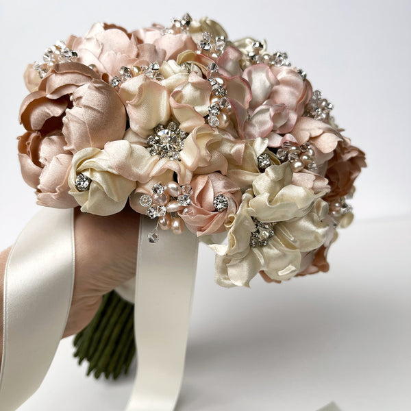 Holiday Event Blushy Ivory Silk Flower Crystal and Pearl Bridal Bouquet - Marie Livet