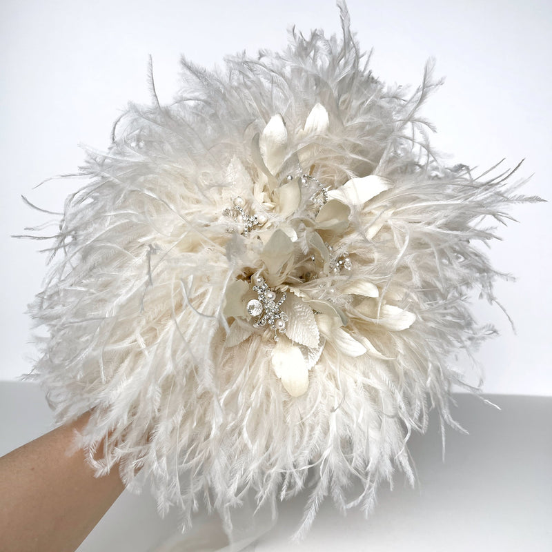 Ivory Feather Silk Flower Crystal and Pearl Bridal Bouquet - Marie Livet