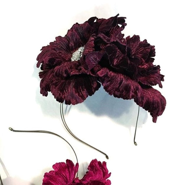 Large Flower Burgundy Wine Silk Velvet Floral Headband - Marie Livet