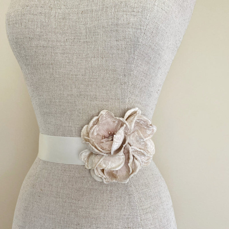 Layla Champagne and Blush Silk Velvet Flower Ivory Bridal Sash