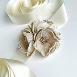 Layla Champagne and Blush Silk Velvet Flower Ivory Bridal Sash - Marie Livet