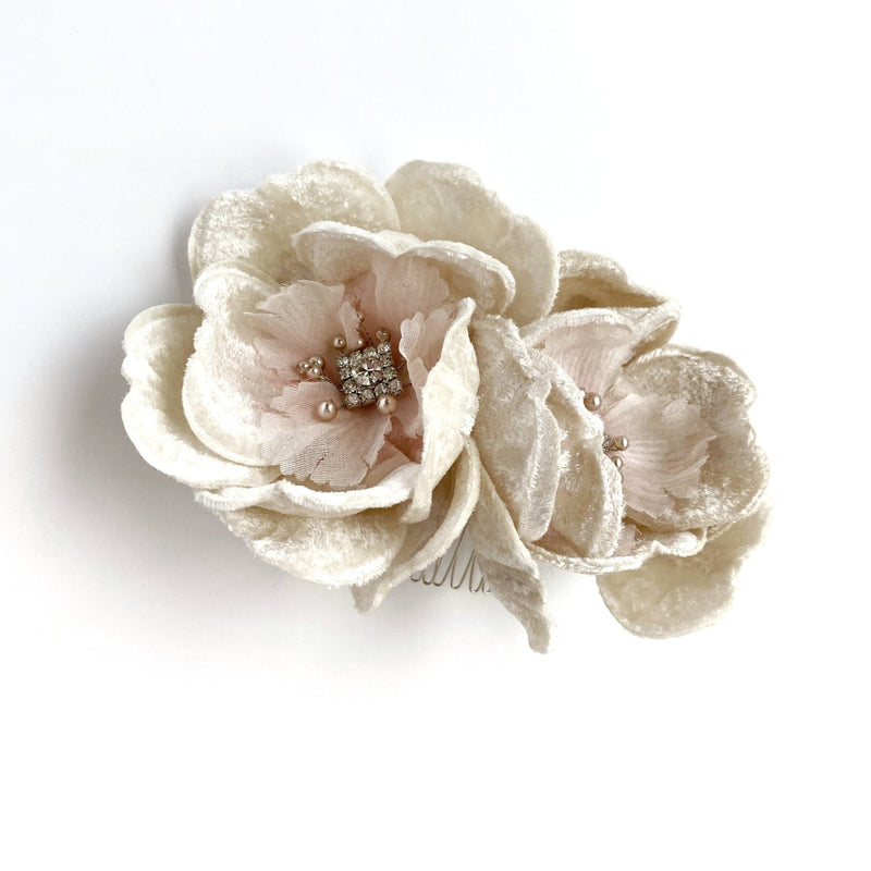Layla Silk Velvet Pink Champagne Pearl and Crystal Floral Comb - Marie Livet