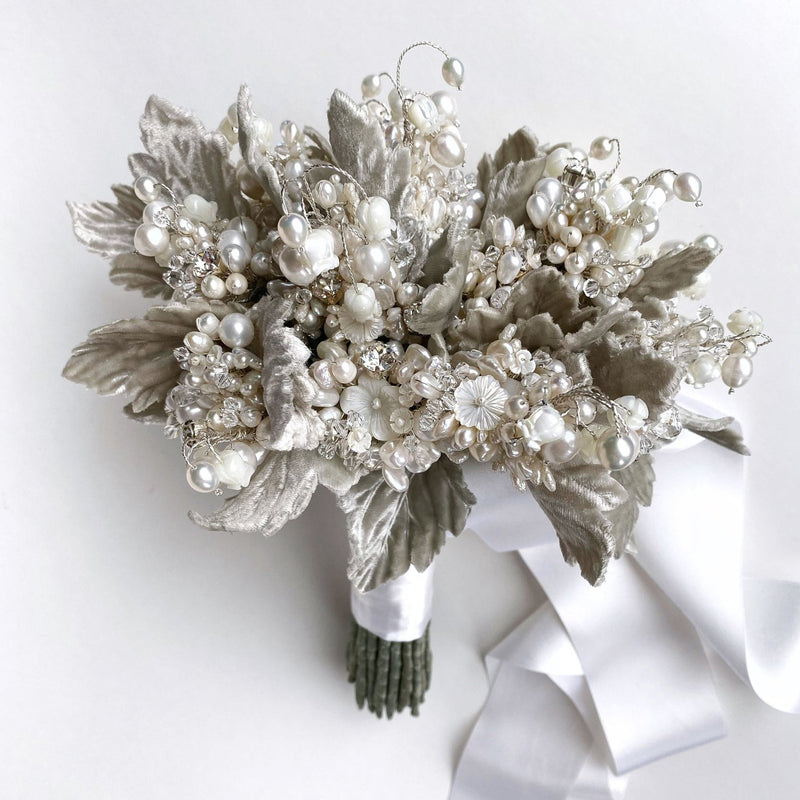 Lily of the Valley Wedding Bouquet Mother of Pearl, Freshwater Pearl, Swarovski Crystal Bridal White - Marie Livet