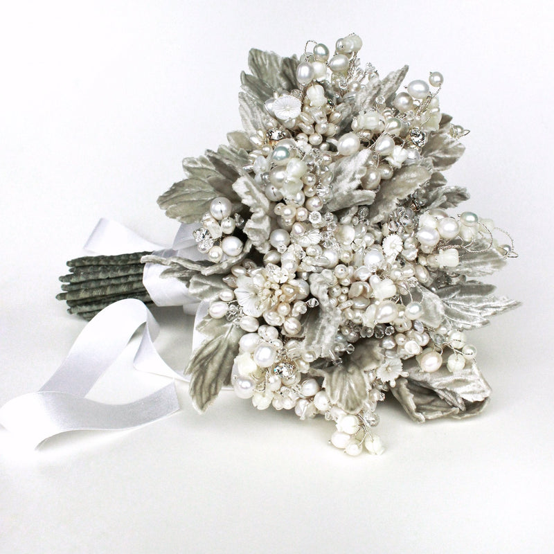 Lily of the Valley Wedding Bouquet Mother of Pearl, Freshwater Pearl, Swarovski Crystal Bridal White - Marie Livet