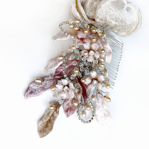 Millie Rose Silk Velvet Pink Champagne Pearl and Swarovski Crystal Floral Comb - Marie Livet
