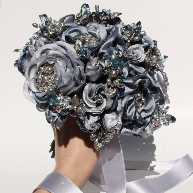Moontide Blue Silk Rose Silver Leaf and Crystal Heirloom Bridal Bouquet - Marie Livet