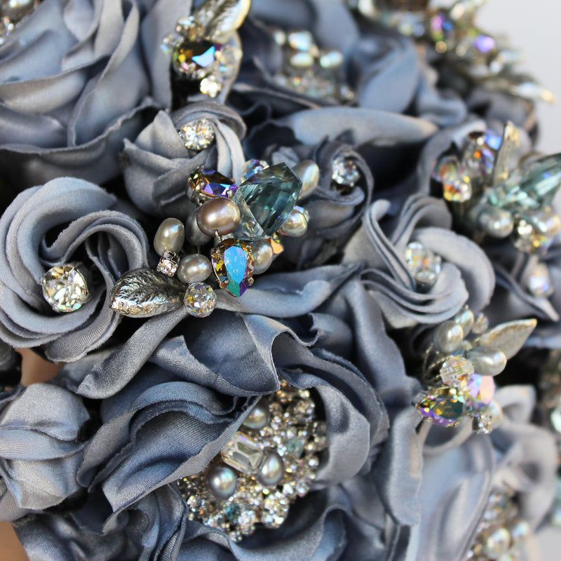 Moontide Blue Silk Rose Silver Leaf and Crystal Heirloom Bridal Bouquet - Marie Livet