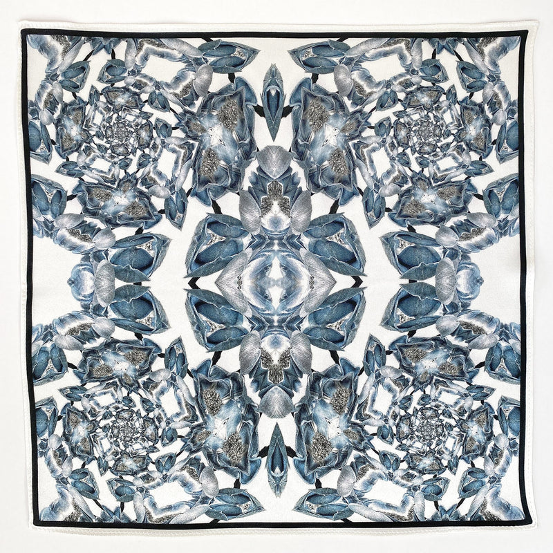 Morphed Steel Blue and White Floral Silk Pocket Square - Marie Livet