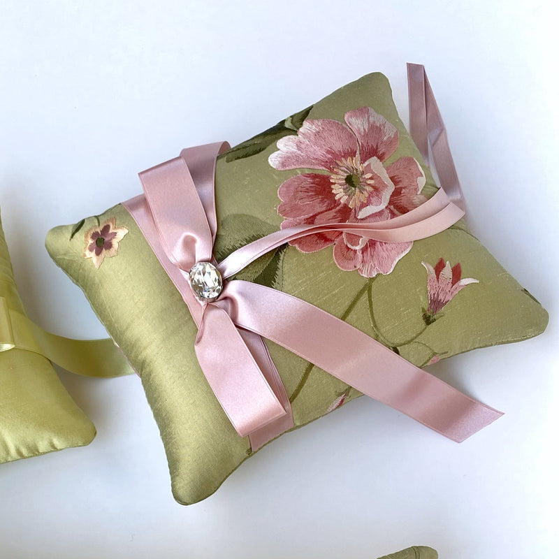Peony Garden Wedding Green and Pink Embroidered Silk Ring Bearer Pillow - Marie Livet