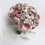 Pink and Ivory Silk Flower Crystal and Pearl Bridal Bouquet - Marie Livet
