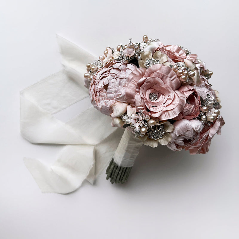 Pink and Ivory Silk Flower Crystal and Pearl Bridal Bouquet - Marie Livet