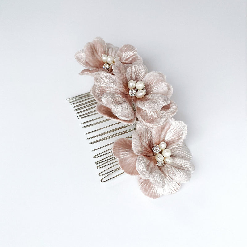 Pink Silk Velvet Isla Triple Flower Bridal Hair Comb - Marie Livet
