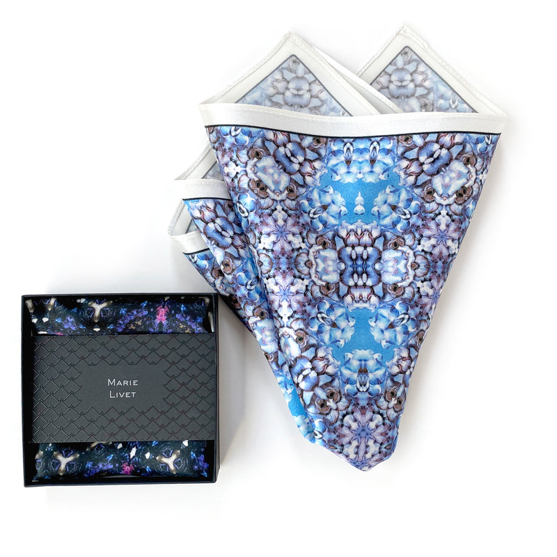 Set of 2 Blue and Purple Morphed Floral Silk Satin Pocket Squares